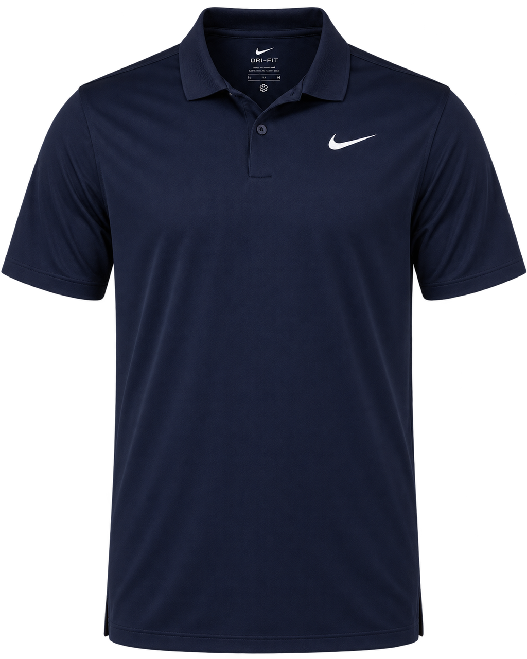 A navy blue Nike Dri-FIT short-sleeve polo shirt with a white swoosh logo on the left chest, displayed on a clean white background.