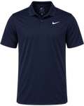 A navy blue Nike Dri-FIT short-sleeve polo shirt with a white swoosh logo on the left chest, displayed on a clean white background.