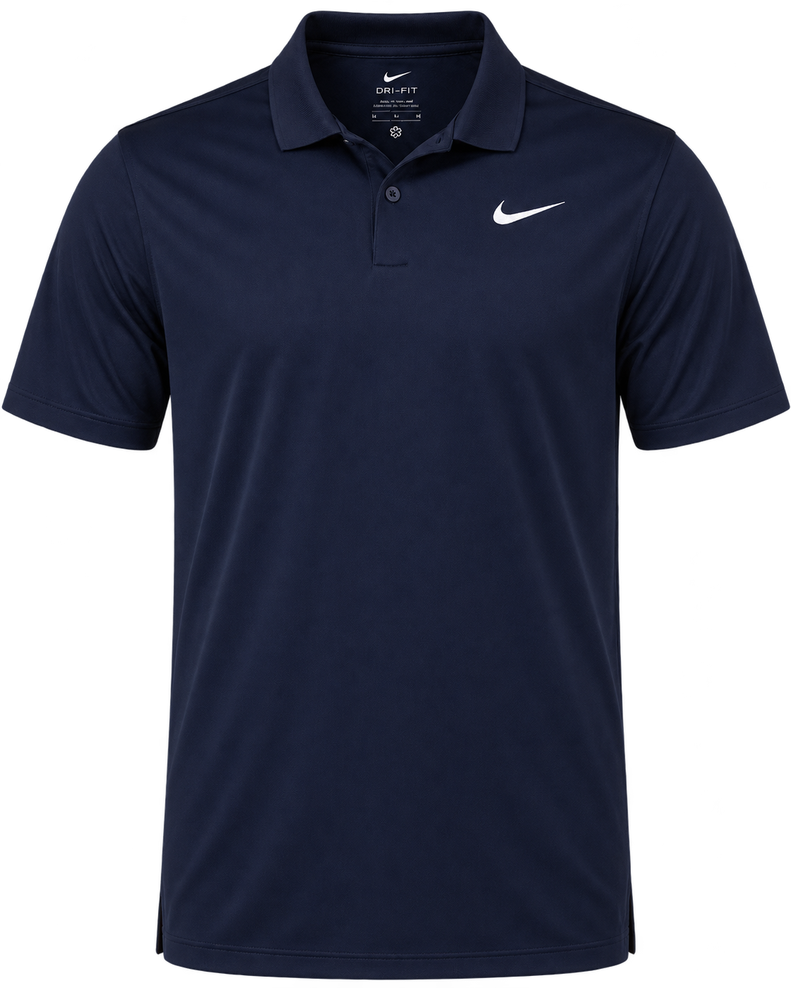 A navy blue Nike Dri-FIT short-sleeve polo shirt with a white swoosh logo on the left chest, displayed on a clean white background.